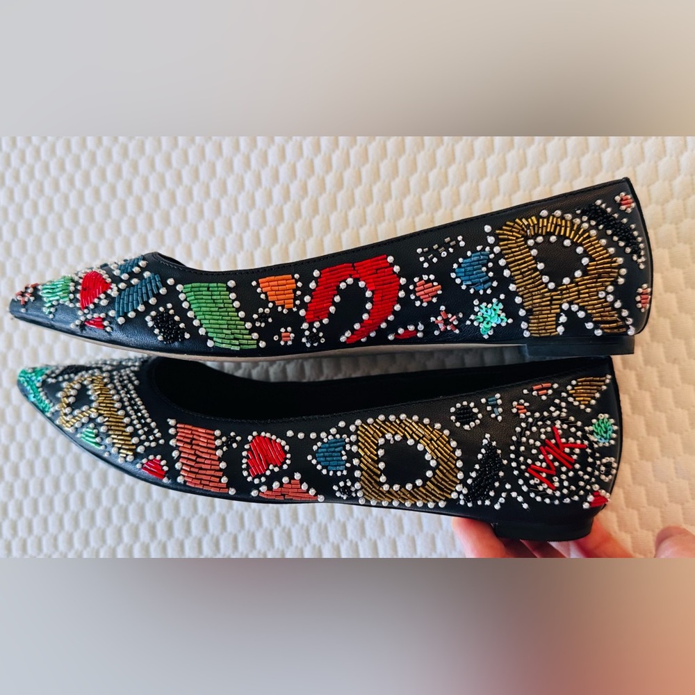 MICHAEL KORS MK Mila Party Colorful Beaded Black Leather Pointed Toe Flats - Picture 10 of 11